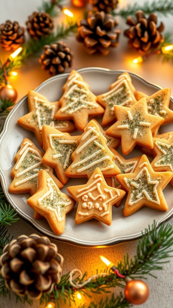 Homemade Christmas cat treats shaped like trees and stars, decorated with catnip, on a festive plate.
